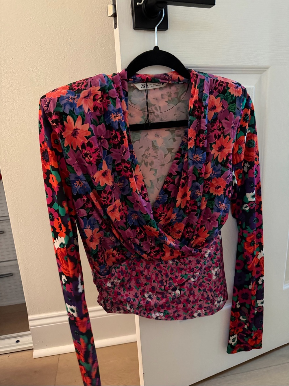 Zara Wrap V-Neck Floral Blouse - Purple, Pink & Red